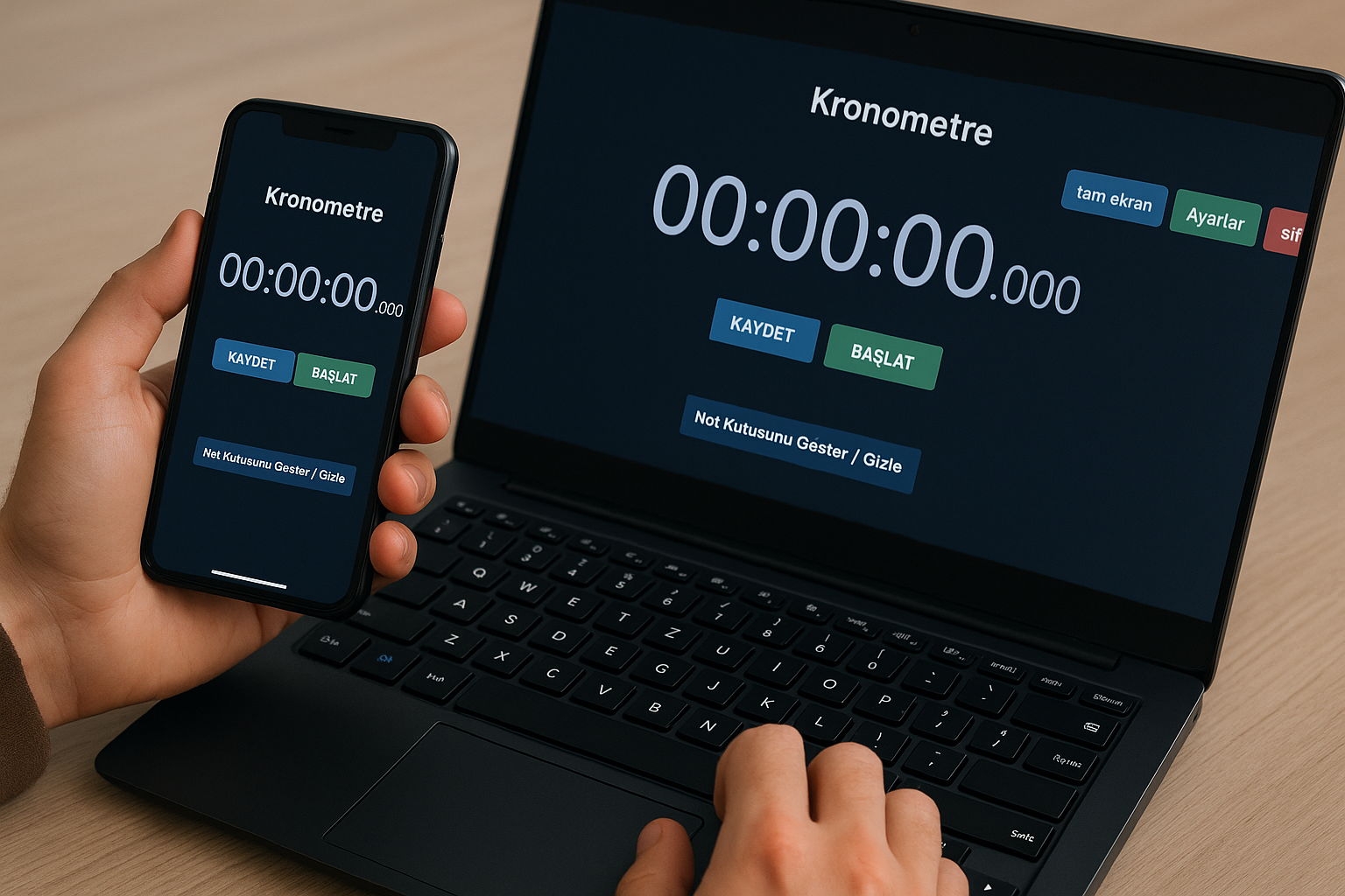 Karanlık temalı kronometre web uygulamasını hem mobil telefonda hem de masaüstü bilgisayarda kullanan kişi, senkronize zamanlayıcı ekranıyla