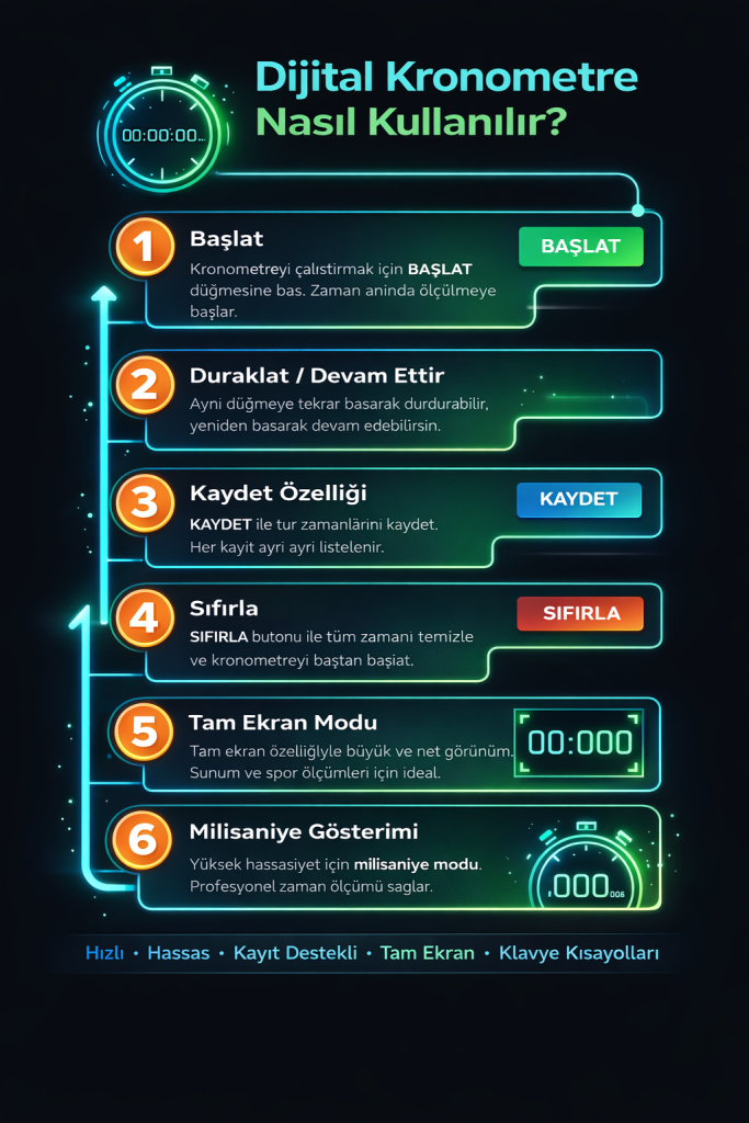 1 Merdiven şeklinde tasarlanmış, siyah arka plan üzerinde dijital kronometrenin nasıl kullanılacağını anlatan Türkçe adım adım infografik; başlat, duraklat, kaydet, sıfırla, tam ekran ve milisaniye özelliklerini gösteriyor.